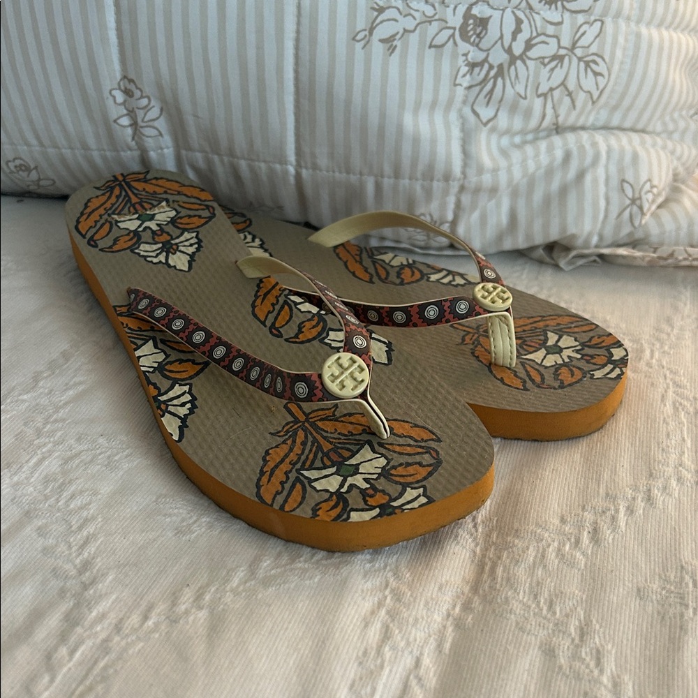 Tory Burch Floral Sandals - Brown and Tan